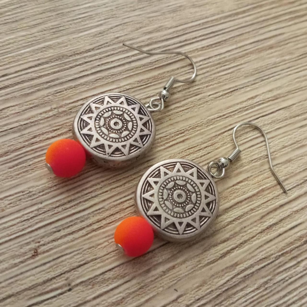 Hand Crafted silver compass statement Neon orange and pink drop earrings